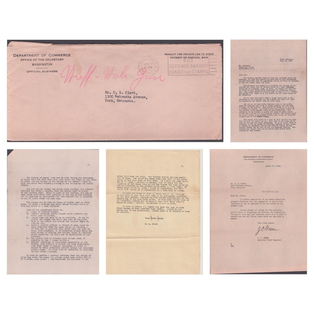 1942 WWII Letter Wuff-Wah Gun Invention York Nebraska Inventors Council